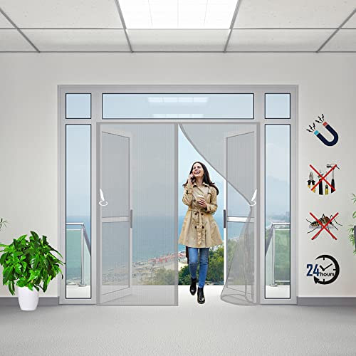 Fliegengitter Tür, 100x270cm Magnetisch Fliegengittertüren Insektenschutz für Terrassentüren Balkon Indoor Klebmontage ohne Bohren (Grau)
