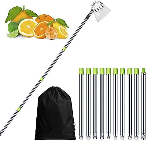 PJDDP Obstpflücker 4M, Apfelpflücker Obstsammler mit Leichter Verlängerungsstangen aus Edelstahl, Obsternter für die Ernte von Äpfeln,Avocado,Birnen,Zitronen,Kirschen und Zitrusfrüchten