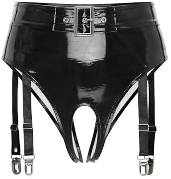 Jowowha Wetlook String Damen Ouvert Slip Panties Tanga mit Strumpfhalter Lack Leder Frauen Höschen Sexy Dessous Erotik Unterwäsche Schwarz L
