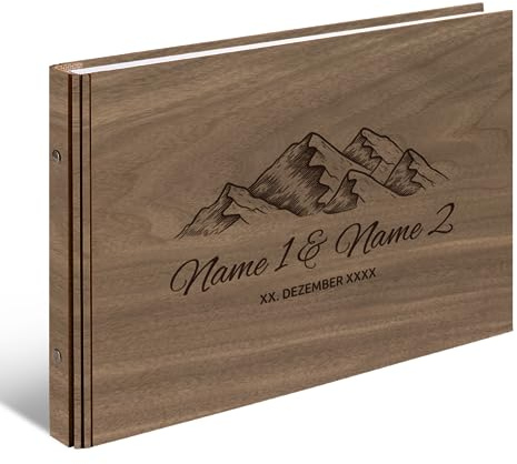 Personalisiertes Hochzeit Gästebuch echtes Holz DIN A4 Hochzeitsbuch mit Lasergravur - Berge - mit 72 Blatt / 144 Seiten Naturpapier Weiß