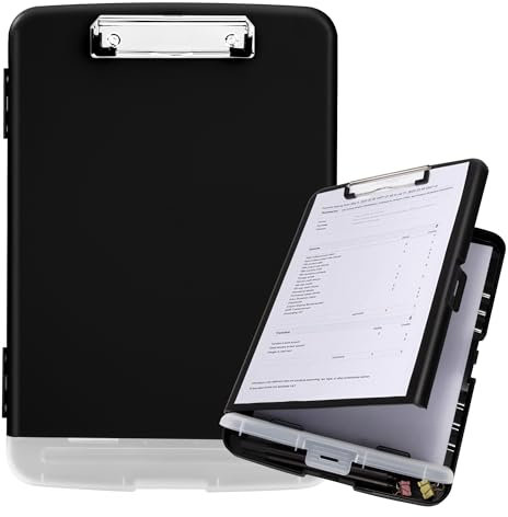 Planchettes à Pince A4 avec Rangement, Porte-Bloc en Plastique avec étagère, Porte-papier Léger Presse-papiers Dossier pour Infirmière Médecin Coach de vente Bureau d'école (Noir)