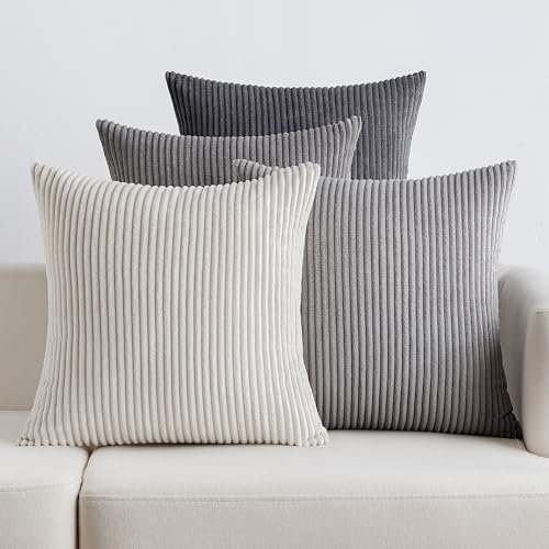 EMEMA Funda Cojines 4 Piezas 45x45 cm para Sofá Funda de Almohada de Corduroy Súper Suave Cojin de Pana a Rayas Decoración Moderna para Sofá Silla Cama Sala de Estar Dormitorio Serie Gris