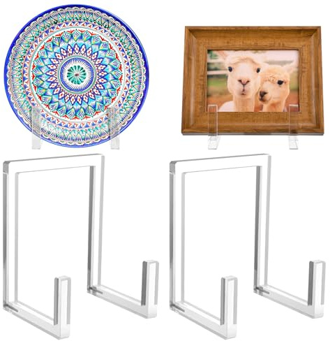 RattanView 2 Pcs Acrylic Plate Stand Clear Easel Stand for Display 8 Inch Acrylic Photo Frame Bowl Stands Holder Tall Clear Vinyl Record Storage Decor Plate Photo Book for Wedding Birthday Home Decor