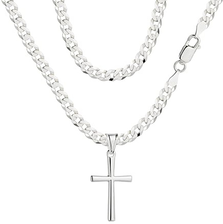 AMAR PRAGNA Cadena de Rey para Hombre, Plata de Ley 925, Cruz, 60 cm, Joyería de Plata Maciza, Calidad Italiana