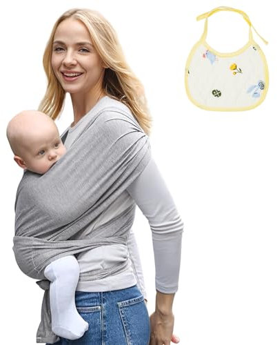 Baby Sling Wrap, Hands-Free Stretchy Baby Carrier with Bibs, Newborn to Toddler (Grey)