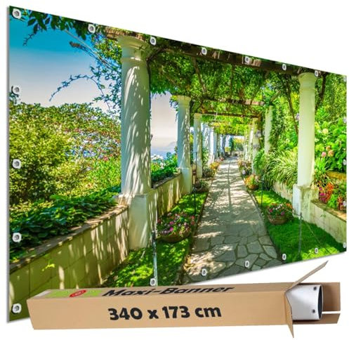 TRIOSK Sichtschutz Garten Dekoration Plane groß mit Motiv Italien Capri Laubengang Motivbanner Blickdicht für Terrasse Zaun Gartenzaun Gartenposter PVC Zaunblende 340x173 cm