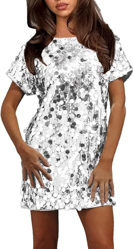 Vestido de Lentejuelas de Manga Corta para Mujeres con Lentejuelas de Lentejuelas de Manga Corta Sexy Monstruos de Fiesta Concierto de Discoteca Vestidos de Brillo (Plata.,L)