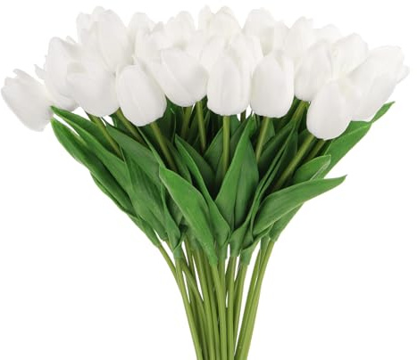QUARKZMAN 24Pcs Künstliche Tulpen, PU Fake Tulpen, Gefälschter Tulpenstrauß Echte Berührungsblumen für Zuhause Dekor Hochzeit Hotel Büro Mittelstück Dekor（Weiß）