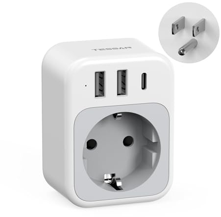 TESSAN Adaptador Enchufe Americano, 4 en 1 Adaptador Enchufe USA con 1 USB C y 2 USB A, 1875W Adapter Europeo a Americano, Adapter USA Tipo B para EEUU Canadá Tailandia México