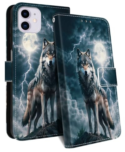 HopMore for iPhone 11 Case, PU Leather Flip Wallet Case with Card Slot Kickstand Magnetic Closure Wrist Strap Shockproof Cover with Cute Pattern Animal Design for iPhone 11 Phone Case, Wolf A