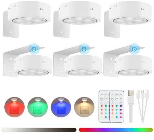 Lightsjoy 6 Stück Bilderleuchte Kabellos RGB, Bilderleuchte USB Aufladbar Weiß Dimmable, Bilderrahmen Beleuchtung licht mit Fernbedienung, Bildbeleuchtung Magnetische, Bilderlampe mit Timer