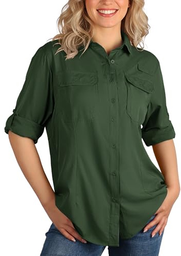 33,000ft Chemisier pour femme, protection UV UPF50, chemise à séchage rapide, chemise boutonnée, respirante, chemise de randonnée, safari, vêtements pour loisirs, pêche, voyage, vert foncé, XS