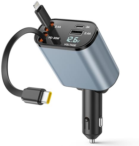 Rétractable Chargeur Voiture, 69W 4 en 1 Chargeur Rapide QC3.0&PD Prise Adaptateur USB Chargeur Telephone avec LED Voltmètre pour iPhone, Android, Samsung