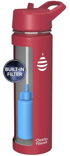 Clearly Filtered Water Bottle | Removes 220+ Contaminants, Double-Wall Insulated Stainless Steel, BPA/BPS Free, Phthalate Free, Filters Flouride Lead Chlorine (20oz, Crimson)