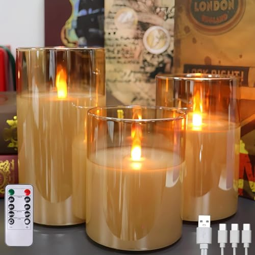 MOZC Bougies LED sans flamme télécommandées, rechargeables, bougies piliers en verre avec télécommande et fonction minuterie, flamme saute pour fêtes, mariages (autonomie 200 h) (Or)