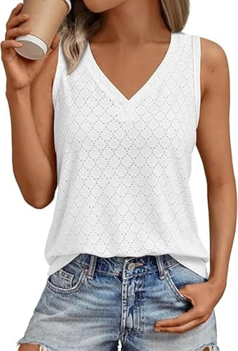 Sukiglam Damlinne, sommar, v-ringad, ärmlösa toppar, elegant ögla, broderi, blustoppar, ledig, lös, långtröja, baslinne, linne, boho, Vit, S