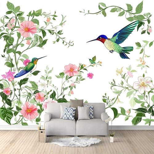 Stile Giardino Fiori Uccelli Carta Da Parati 400 X 280 Cm Rosa Verde 3D Fotomurale – Poster Gigante Da Parete Per Camera Da Letto, Soggiorno, Corridoio – Decorazione Murale