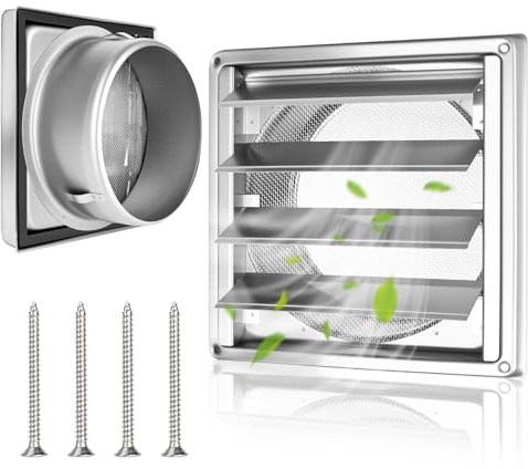 XTDMJ Grille d'aération en acier inoxydable de 150 mm avec clapet anti-retour, lamelles mobiles, grille anti-insectes, tube en VMC et couvercle, hotte aspirante extérieure avec joint en caoutchouc et