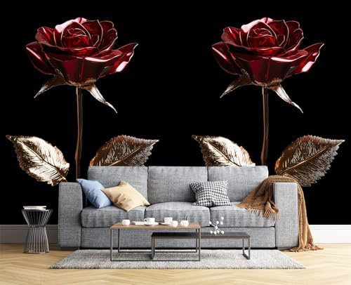 Papel Pintado Pared 3D Tema Romántico Papels Tapiz, Rosas Rojas Metálicas Tejido Seda,Negro Fotomurales 3D Papel Pintado Pared Dormitorio Murales Wallpaper 350 × 256 Cm