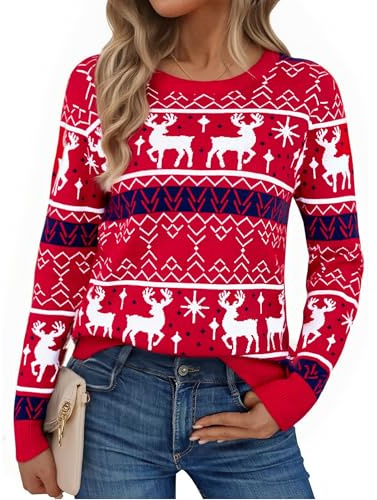 Litherday Jersey Navidad Mujer Divertido con Reno Copos de Nieve Árboles Suéter Feo Navideño para Fiestas Familiares Fotos Regalo Original Invierno Tallas Rojo M