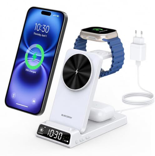 Wireless Charger for Apple Charging Station, Magnetic 3 in 1 Charging Station with Clock for iPhone 17/16/15/14/13/12 Series, Watch Charger Stand for iWatch 10/9/8/AirPods (Adapter Included)