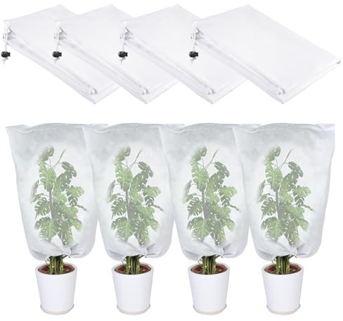 4 Pièces Housse de Protection pour Plantes, 60 x 80cm Voile Hivernage Plante Exterieur avec Cordon de Serrage, Antigel Perméable, pour Protéger Plantes d'Extérieur, Arbustes et Plantes en Pot