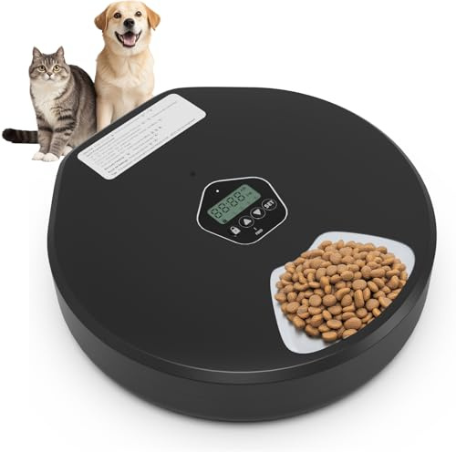 Futterautomat Katze & Kleine Hunde Schwarz - 5 Mahlzeiten Nassfutterspender mit Kühlung, Trocken- & Nassfutter Geeignet, 2 Eisbehälter, Ohne App, Matt Schwarz