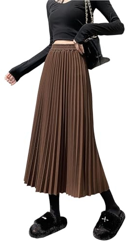 Artykey Women's Elegant Long Pleated Skirt High Waist Spring Winter A Line Vintage Midi Wool Skirt Brown S
