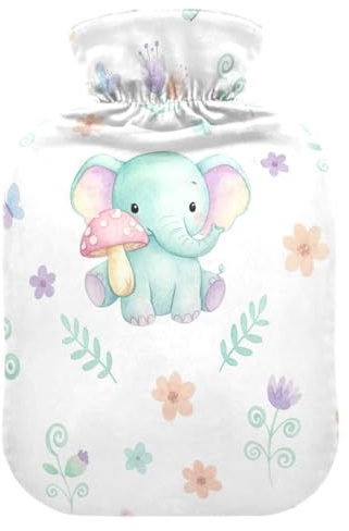 Cute Pastel Elephant Teal Hot Water Bottle with Soft Cover Feet and Bed Warmer Hot Water Bag for Menstrual Cramps Medium