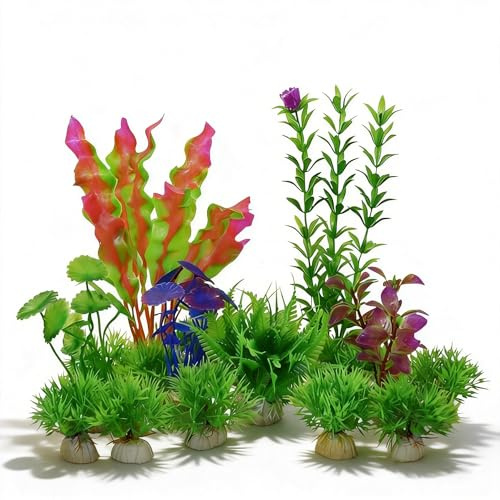 DIYCUT 16 Stück Aquarium Pflanzen Künstlich, Kunststoff Künstliche Wasserpflanzen, Realistische Aquariumpflanzen, 4 Grössen Aquarium Zubehör, für Zuhause, Büro und Hotel