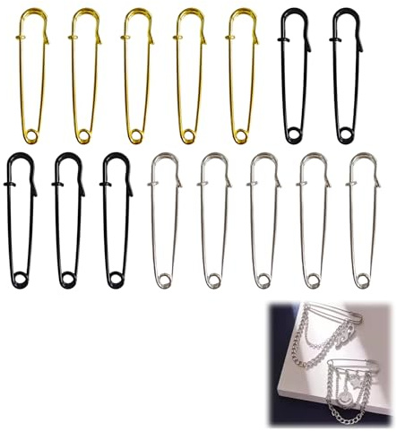 15 Stück Große Sicherheitsnadeln, 7 cm, große und extra große Metall-Sicherheitsnadeln in Silber, Gold und Dunkelsilber für Leder, Leinwand, Decken, Handwerk - Federverschluss