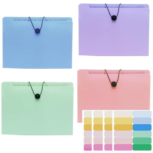 A4 Expanding File Organiser, 4 Pack A4 Expanding File Organizer with 12 Compartments, Colored Index Dividers and Stickers, Large Capacity Plastic Accordion Folder for Documents Bills Receipts