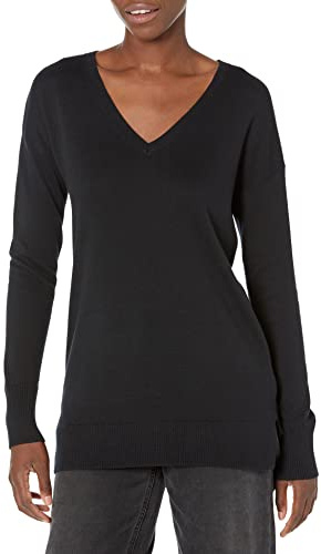 Amazon Essentials Maglione A Tunica Leggero A Maniche Lunghe Con Scollo A v (Disponibile In Taglie Forti) Donna, Nero, M
