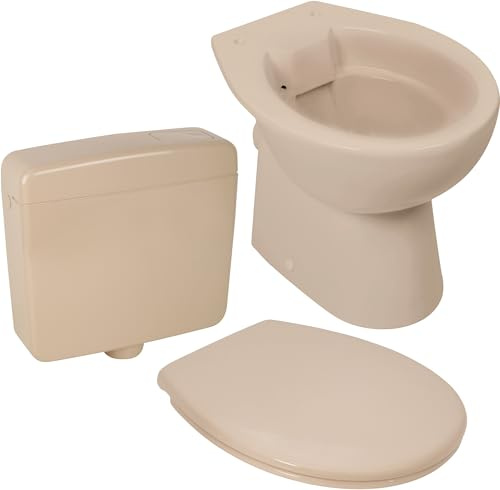 Calmwaters® Spülrandloses Stand WC mit waagerechtem Abgang, Komplettset mit Aufputz-Spülkasten und WC Sitz in Bahamabeige-Beige, Tiefspüler aus Sanitärkeramik, WC Sitz mit Absenkautomatik, 99000181