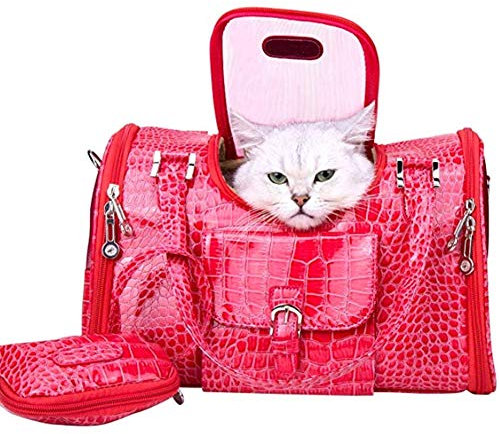 PJDDP Pet Carrier, PU-Leder-Hundetasche, Hund Und Pet Carrier Reisetasche, Outdoor Travel Walking Dog Wallet Mit Folding Wallet,Rot,M