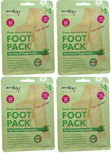Derma V10 Foot Pack Mask (4 Pack) Deep Moisturising Tea Tree and Peppermint Oil, Honey and Almond Oil Moroccan Argan Oil & Hemp Seed Oil (Tea Tree and Peppermint Oil)