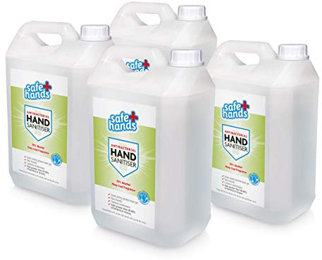 Safe Hands | Hand Sanitiser Gel | Minty Cool - Cucumber & Mint Scent | 70% Alcohol | 5 litre (4 Pack) | Antibacterial & Antiviral Hand Sanitizer Refill | Certified | Contains Moisturisers | Bulk Buy