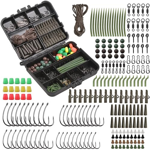 246stk Karpfenangeln Angelzubehör Set inklusive Karpfenhaken Karpfen Angelwirbel Anti-Verhedderungshülsen, Angelperlen, Hühneraugen, Schläuche für Karpfenangeln Vorfachtakelung