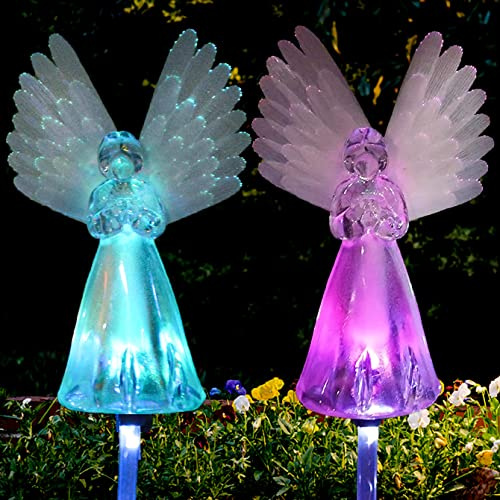 Awinking 2 Packs Solar Angel Lights Outdoor, Color Changing Landscape Path Lights, Waterproof Cemetery Decorations for Grave, Memorial Garden, Backyard, Lawn, Pathway