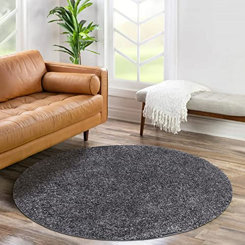 carpet city Shaggy matta med hög lugg – rund 80 cm – antracit – lång lugg, vardagsrumsmatta, enfärgad modern – fluffiga, mjuka mattor, sovrum, dekoration