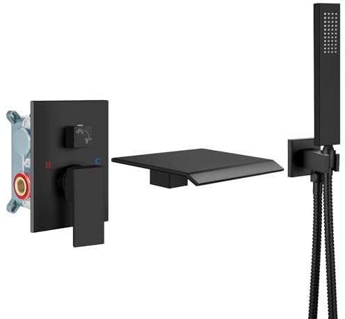 Airuida Wall Mount Tub Faucet with Waterfall Tub Spout Wall Mounted Bathtub Faucet with Handheld Shower Single Handle Tub Filler Shower Faucet Set with Rough-in valve Bevel Angle Spout Matte Black