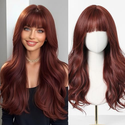 Esmee 24 Inches Lange Golvende Bourgondische Pruiken voor Vrouwen Natuurlijk Synthetisch Haar Hittebestendig Pruiken met Bangs voor Dagelijks Party Cosplay Gebruik (Wijnrood)