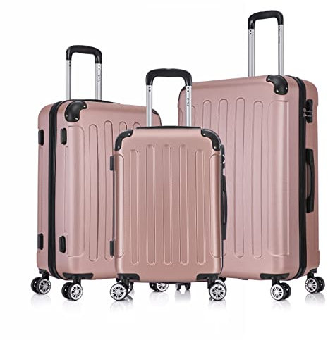 Flexot® F-2045 Koffer, Handgepäck & 3tlg Kofferset (16 Farben zur Auswahl) Zwillingsrollen Bordcase Suitcase Reisekoffer Koffer Kofferset Trolleys Hartschale (3tlg. Set, Rose-Gold)