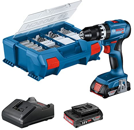 Bosch Professional 18V System Akku Schlagbohrschrauber GSB 18V-45 (Drehzahl 1.900 min⁻¹, inkl. 2x 2.0Ah Akku, GAL 18V-2082, 82-teiliges Zubehör-Set, L-Case Pick & Click)