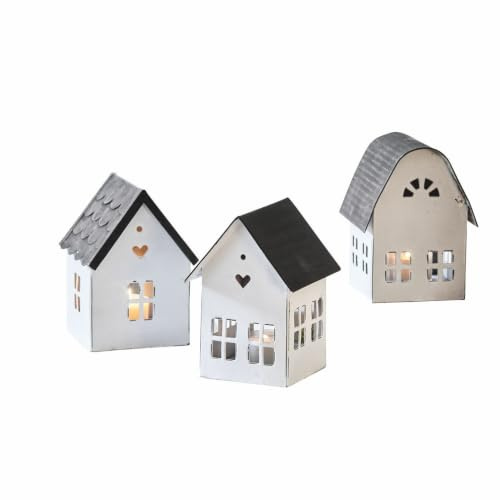 Loberon Laterne 3er Set Lambray, weiß/schwarz | Verschiedene Häuser-Designs, für Teelichter geeignet, gemütliche Lichtstimmung, Wohn-Accessoires, Eisen