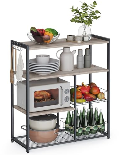 VASAGLE Scaffale per Microonde con 2 Cesti, Scaffale da Cucina con Bordi, Ripiani e Ganci, 80 x 35 x 95 cm, Stile Traditional basic, Greige Melange e Nero Opaco KKS096B02