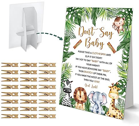 Don't Say Baby Clothespin Game, Jungle Safari Baby Shower Game, One 8x11 Sign and 50 Mini Natural Clothespins, Gender Neutral, Baby Shower Decoration - MJZ06