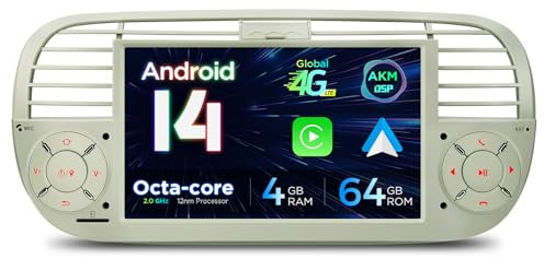 XTRONS 7 Android 14 1 Din Car Stereo 4+64GB for Fiat 500(2007-2015) Cream, Octa-Core Radio Player, Built-in 4G AKM DSP 2K CarAutoPlay Android Auto GPS Navigation Bluetooth 5.0 New UI, Optional DAB+