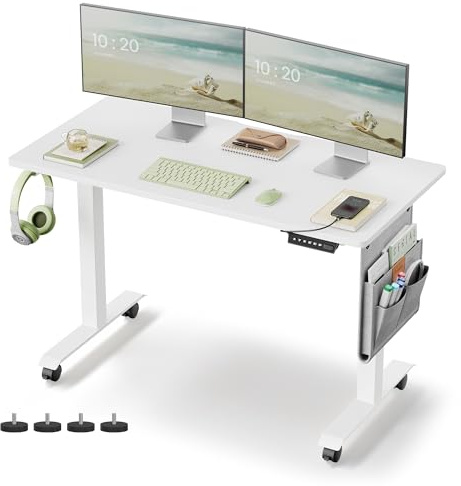 VASAGLE Höhenverstellbarer Schreibtisch elektrisch, 120 x 60 cm | Stufenlos verstellbar, mit Aufbewahrungstasche, Haken, USB-Anschluss, Memory-Funktion, wolkenweiß LSD172W01