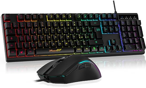 RaceGT Combo Teclado y Ratón con Cable, Ratón y Teclado Gaming Iluminación LED RGB, Silencioso, Layout Español con Teclado numérico para Ordenador, Ordenador portátil, PC, Windows/MacOS/Linux-Negro